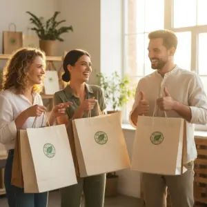 Zufriedene Kunden mit modernen Papiertaschen