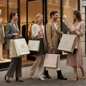 Menschen auf einer Messe tragen Papiertüten mit Markenzeichen