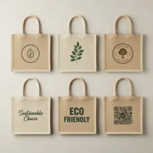 Sammlung kreativer Design-Ideen für personalisierte Jute Taschen nachhaltiger Marken.