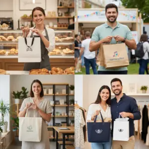 Zufriedene Kunden mit individuell bedruckten Taschen verschiedener Marken