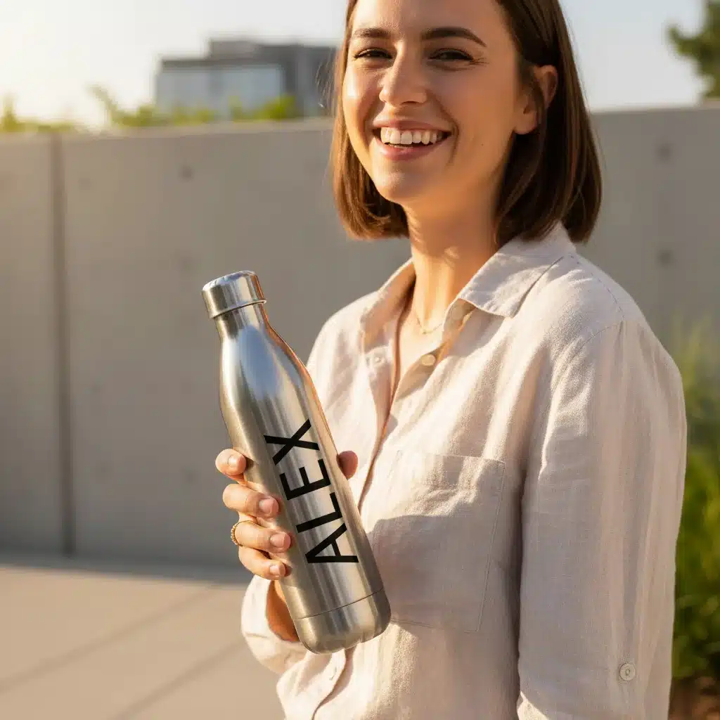 Glückliche Person mit einer personalisierten wiederverwendbaren Wasserflasche im Freien