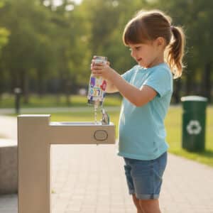 Kind füllt nachhaltige Trinkflasche mit Wasser auf