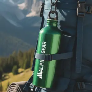 Aluminium-Wasserflasche auf einem Wanderrucksack in der Natur