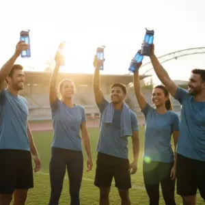 Sportteam mit personalisierten Vereins-Trinkflaschen.
