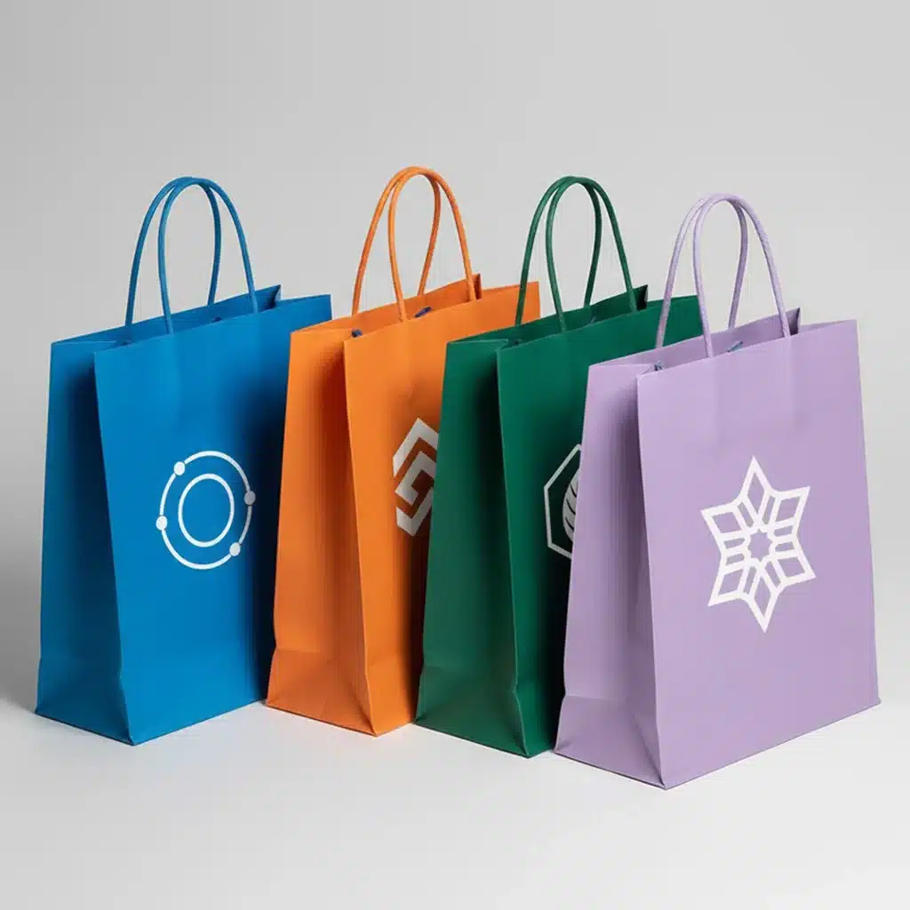 Bunte Papiertaschen in Trendfarben 2025 wie Blau, Orange und Grün.