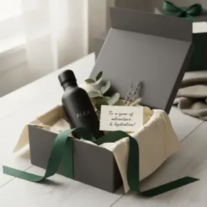 Geschenkkarton mit personalisierter Flasche und Schleifenverpackung.