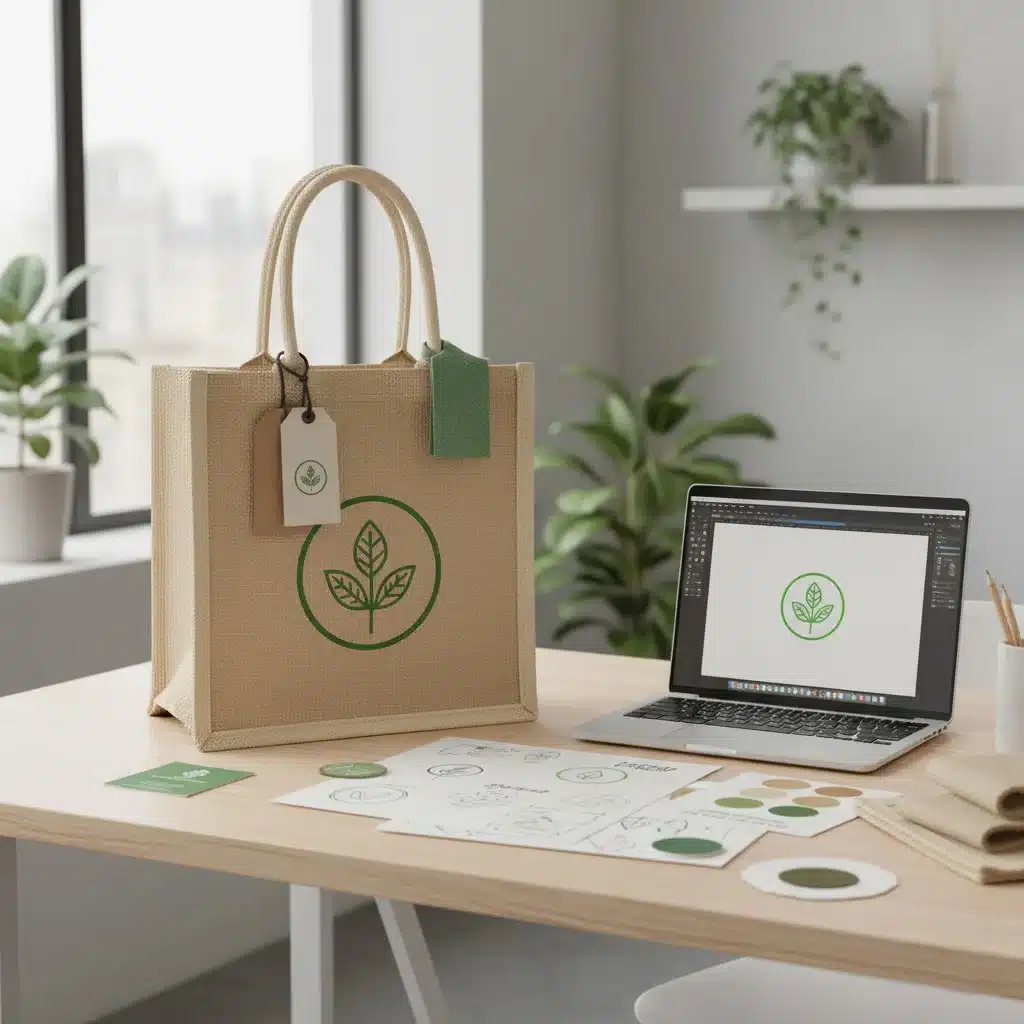 Designkonzept einer personalisierten Jute Tasche mit Logo und nachhaltigen Designelementen.