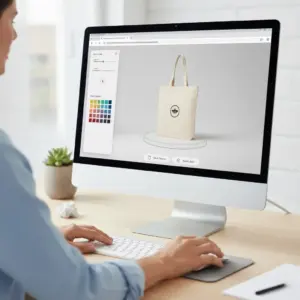 3D-Vorschau einer individuell bedruckten Stofftasche im Online-Konfigurator