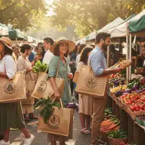 Menschen mit personalisierten Jute Taschen auf einem Wochenmarkt – Symbol für nachhaltigen Lebensstil.