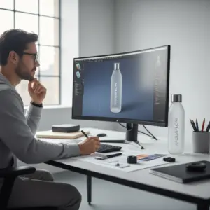 Grafikdesigner erstellt personalisiertes Trinkflaschen-Design mit Logo.