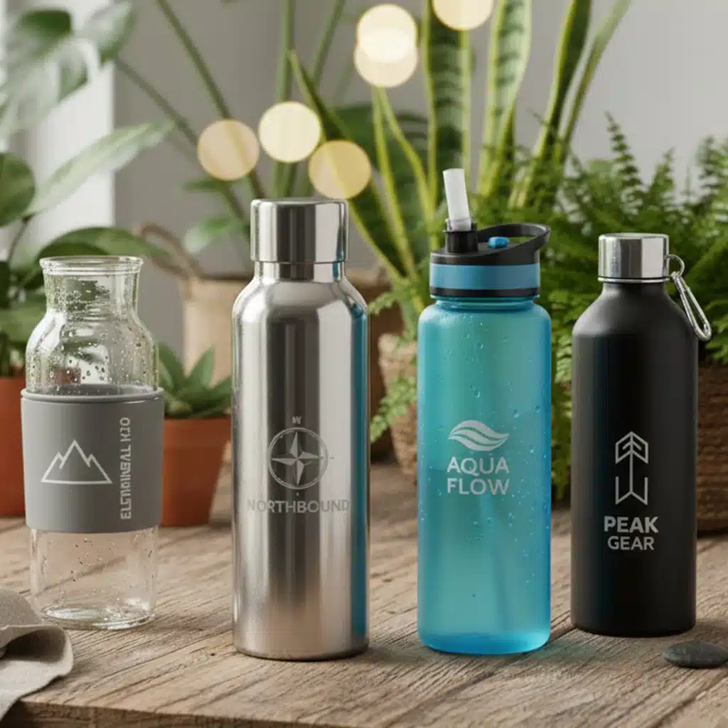 Verschiedene Trinkflaschen aus Edelstahl, Glas, Tritan und Aluminium im modernen Lifestyle-Setting