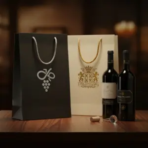 Premium-Weinpapiertüten mit Seilgriffen neben Weinflaschen