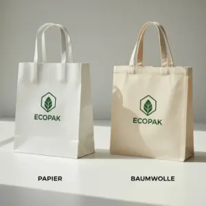 Vergleich von Papier- und Baumwolltasche mit Firmenlogo – Unterschiede in Druckqualität, Haptik und Nachhaltigkeit