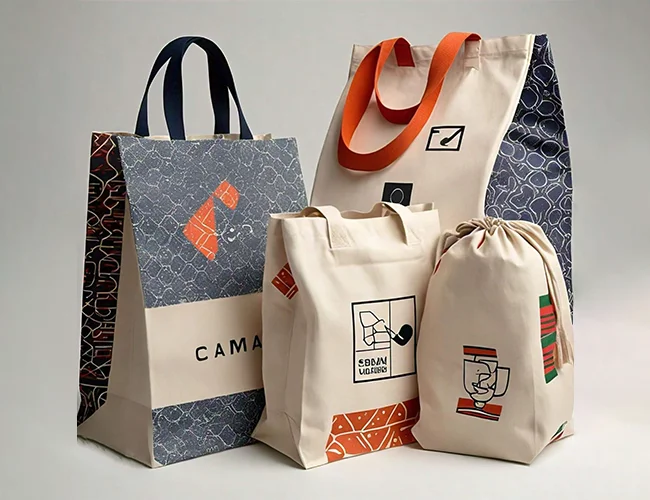 Hochwertige Baumwolltaschen mit vollflächigem Bilderdruck, verfügbar in verschiedenen Grammaturen (140 g, 180 g, 200 g) und Stofffarben (natur oder weiß)