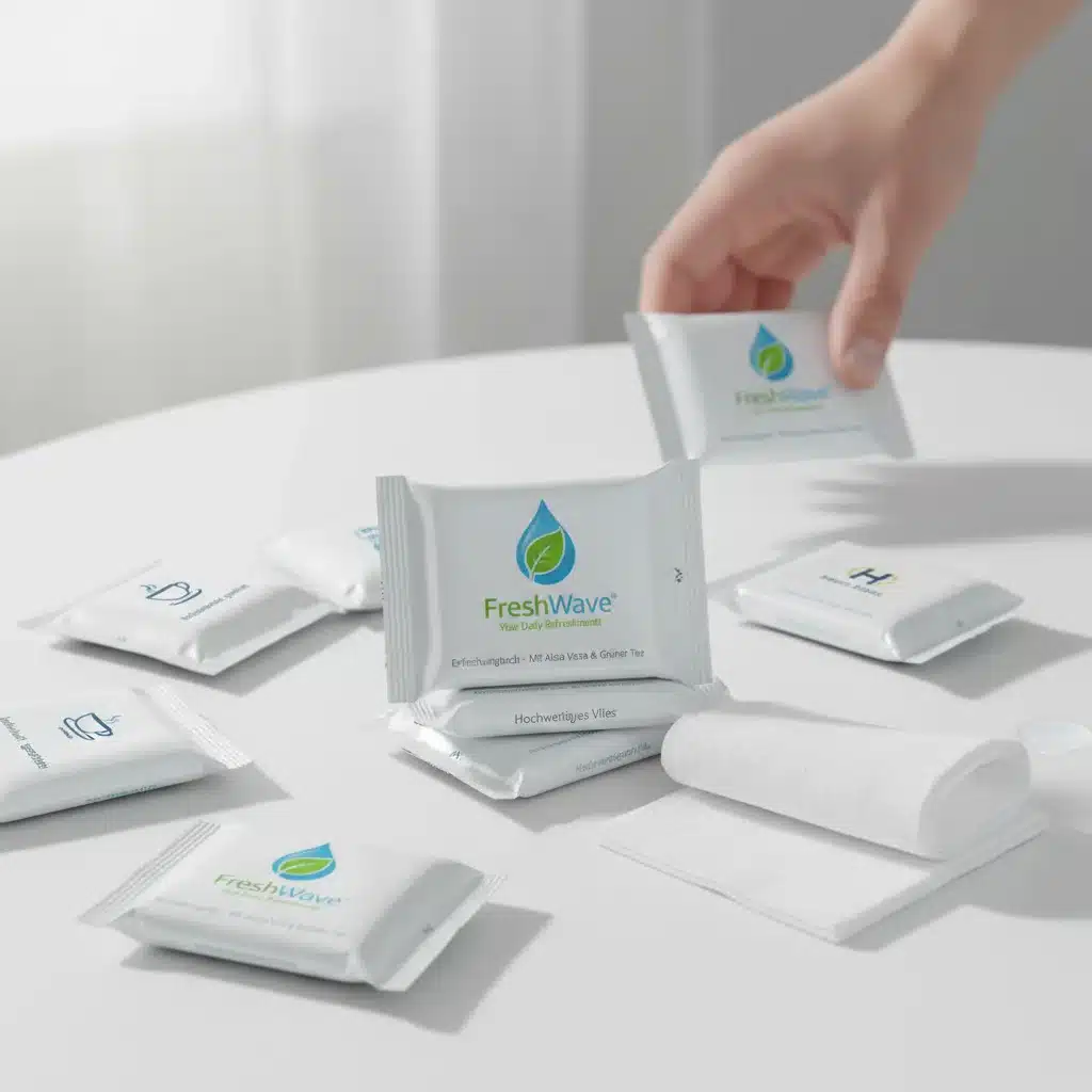 Erfrischungstücher mit Logo auf Tisch – Werbeartikel Bedruckung.