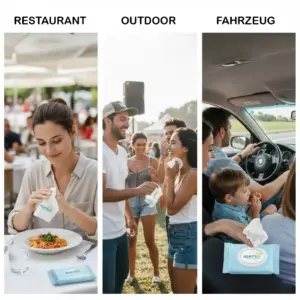 Menschen nutzen Erfrischungstücher mit Logo – Werbung im Alltag