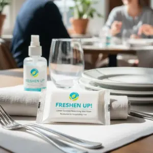 Erfrischungstücher mit Logo im Restaurant auf Tisch.